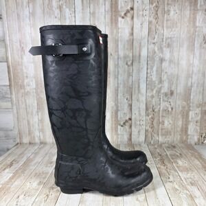 Hunter Tall Rain Boots Black Camo Print Waterproof Outdoor Boots US 9